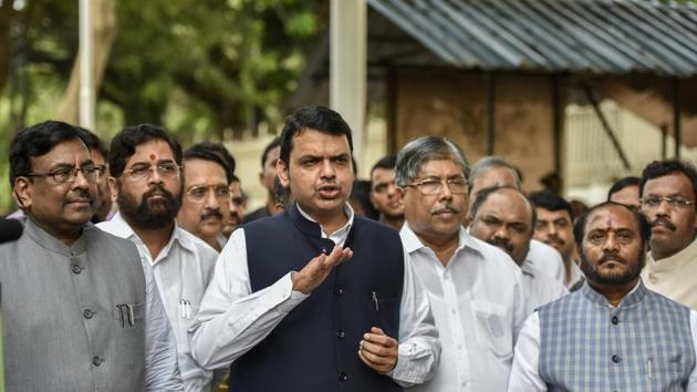 BJP leader Sudhir Mungantiwar, CM Devendra Fadnavis,Chandrakant Patil, Shiv Sena leader Eknath shinde,Ramdas Kadam brief media after all party leaders meeting regarding Maratha reservation outside Vidhan Bhavan in Mumbai, India.(HT File Photo) BJP leader Sudhir Mungantiwar, CM Devendra Fadnavis,Chandrakant Patil, Shiv Sena leader Eknath shinde,Ramdas Kadam brief media after all party leaders meeting regarding Maratha reservation outside Vidhan Bhavan in Mumbai, India.(HT File Photo)