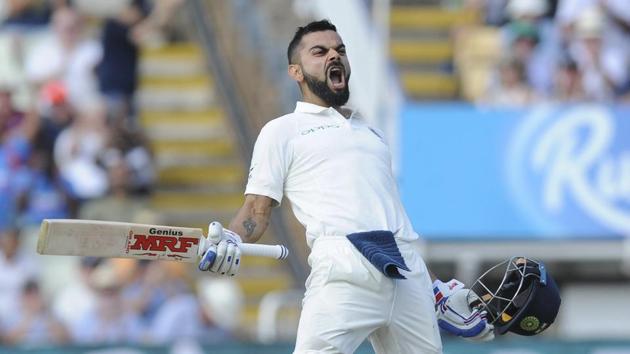 Indian cricket captain Virat Kohli celebrates after scoring a century during the second day of the first test cricket match between England and India at Edgbaston in Birmingham, England, Thursday, Aug. 2, 2018.(AP)