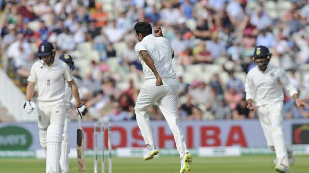 India's Ravichandran Ashwin, center, celebrates the dismissal of England's Jos Buttler during the first day of the first test cricket match between England and India at Edgbaston (AP)