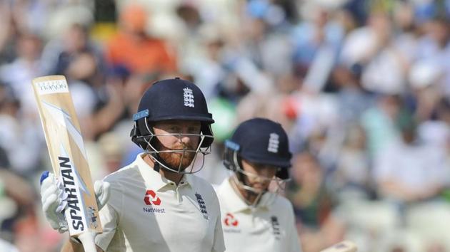 England's Jonny Bairstow celebrates scoring fifty runs during the first day of the first test cricket match between England and India at Edgbaston. (AP)