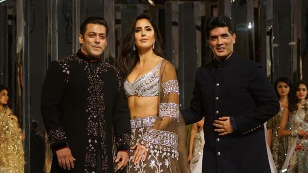 Actors Salman Khan and Katrina Kaif walk on the ramp as showstoppers for fashion designer Manish Malhotra's Haute Couture 2018 show at JW Marriott in Mumbai on Aug 1, 2018. (IANS) Actors Salman Khan and Katrina Kaif walk on the ramp as showstoppers for fashion designer Manish Malhotra's Haute Couture 2018 show at JW Marriott in Mumbai on Aug 1, 2018. (IANS)