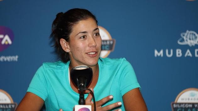 Garbine Muguruza of Spain speaks to the media in San Jose, California.(AFP)