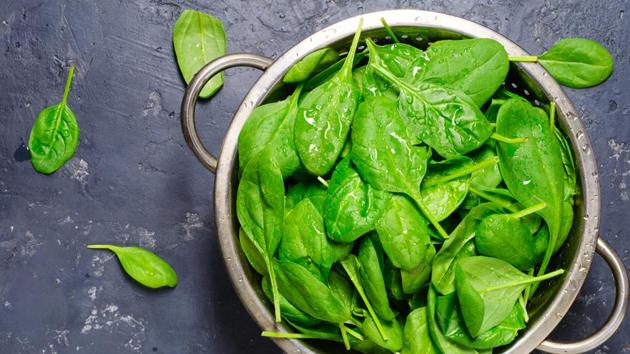 Spinach contains vitamin A, vitamin C, folate and iron- all of which are good for hair growth. Vitamin A aids the skin glands in producing sebum, which helps the scalp in maintaining healthy hair. Spinach is also a plant based form of iron, which fuels hair growth. (Shutterstock) Spinach contains vitamin A, vitamin C, folate and iron- all of which are good for hair growth. Vitamin A aids the skin glands in producing sebum, which helps the scalp in maintaining healthy hair. Spinach is also a plant based form of iron, which fuels hair growth. (Shutterstock)