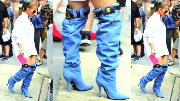 Jennifer Lopez wears Versace boots in New York. (Twitter)