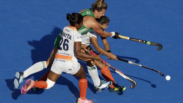 Sunita Lakra (L), competes for the ball with Ireland's Nicola Evans (C), during the Women’s Hockey World Cup quarterfinal match between India and Ireland at the Lee Valley Hockey and Tennis Centre in London, England on August 02, 2018. (Matt Dunham / AP) Sunita Lakra (L), competes for the ball with Ireland's Nicola Evans (C), during the Women’s Hockey World Cup quarterfinal match between India and Ireland at the Lee Valley Hockey and Tennis Centre in London, England on August 02, 2018. (Matt Dunham / AP)