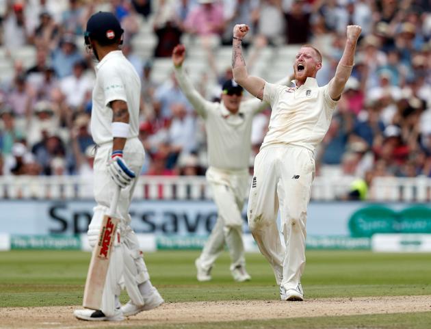 England's bowler Ben Stokes (R) appeals for the wicket of India's Hardik Pandya on the second day of the first Test cricket match. (AFP)
