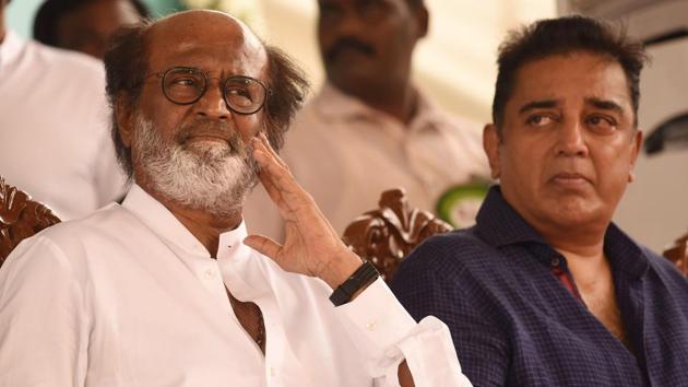 Tamil actors Rajnikanth and Kamal Haasan at the inaugural of the Shivaji Ganeshan memorial in Chennai.(HT File Photo)