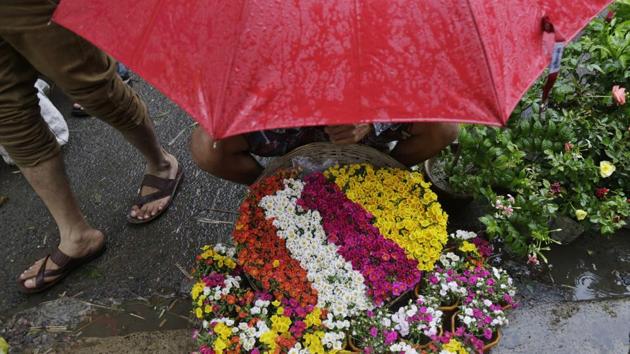 A vendor selling decorative plants sits under an umbrella as it rains in Kolkata. West Bengal on July 29, 2018. (Bikas Das / AP) A vendor selling decorative plants sits under an umbrella as it rains in Kolkata. West Bengal on July 29, 2018. (Bikas Das / AP)