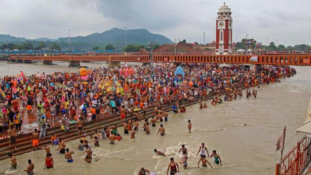 Shiva devotees ‘kanwariyas’ collect Ganga water during the holy month of Shravan in Haridwar, Uttarakhand on August 2, 2018. (PTI) Shiva devotees ‘kanwariyas’ collect Ganga water during the holy month of Shravan in Haridwar, Uttarakhand on August 2, 2018. (PTI)