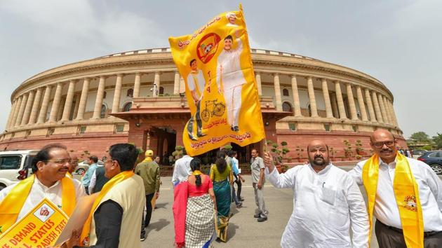 Telugu Desam Party (TDP) MPs staged a protest demanding special status for the state of Andhra Pradesh, during the Monsoon session of Parliament, in New Delhi. (Kamal Kishore / PTI) Telugu Desam Party (TDP) MPs staged a protest demanding special status for the state of Andhra Pradesh, during the Monsoon session of Parliament, in New Delhi. (Kamal Kishore / PTI)