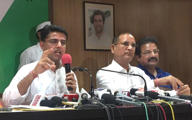 Rajasthan Congress president Sachin Pilot interacts with media persons at the party office on Jaipur on Friday. (HT Photo) Rajasthan Congress president Sachin Pilot interacts with media persons at the party office on Jaipur on Friday. (HT Photo)