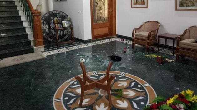 The lobby area inside the residence of Farooq Abdullah where an intruder was gunned down on Saturday (ANI Photo/Twitter) The lobby area inside the residence of Farooq Abdullah where an intruder was gunned down on Saturday (ANI Photo/Twitter)