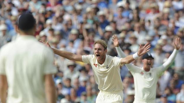 England's Stuart Broad makes an unsuccessful appeal for the dismissal of India's Lokesh Rahul during the third day of the first test cricket match. (AP)