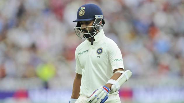 India's Ajinkya Rahane leaves the field after being dismissed during the third day of the first test cricket match between England and India. (AP)