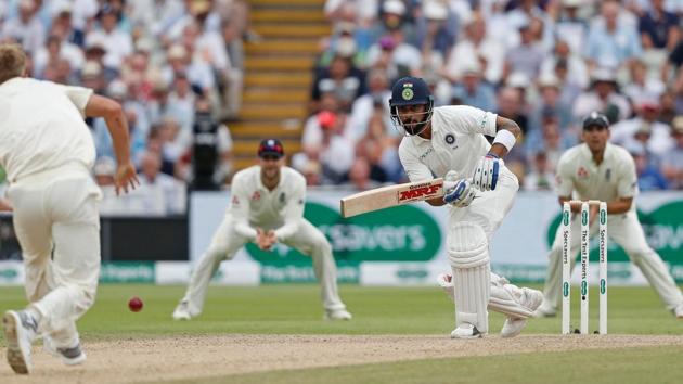 India's Virat Kohli (C) plays a shot during the third day of the first Test cricket match between England and India at Edgbaston in Birmingham, central England on August 3, 2018. (AFP)