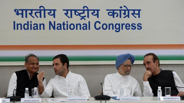 Congress president Rahul Gandhi with senior leader Ashok Gehlot (left), Manmohan Singh (2nd from right) and Ghulam Nabi Azad (right) during the Congress Working Committee meeting at AICC headquarters in New Delhi on Saturday. (Mohd Zakir/HT Photo) Congress president Rahul Gandhi with senior leader Ashok Gehlot (left), Manmohan Singh (2nd from right) and Ghulam Nabi Azad (right) during the Congress Working Committee meeting at AICC headquarters in New Delhi on Saturday. (Mohd Zakir/HT Photo)