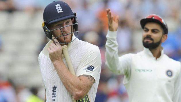 England's Ben Stokes leaves the field, with Indian cricket captain Virat Kohli behind him, after being dismissed during the third day. (AP)