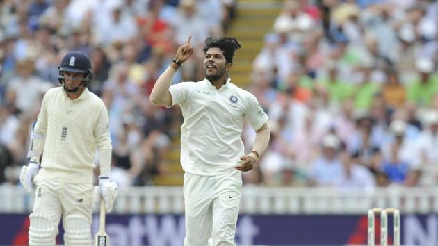 India's Umesh Yadav celebrates the dismissal of England's Adil Rashid during the third day of the first test cricket match. (AP)