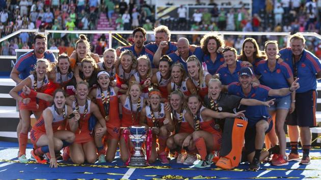 The Netherlands team celebrate winning the Women's Hockey World Cup Final match between the Netherlands and Ireland, at The Lee Valley Hockey and Tennis Centre, in London, Sunday Aug. 5, 2018. (AP) The Netherlands team celebrate winning the Women's Hockey World Cup Final match between the Netherlands and Ireland, at The Lee Valley Hockey and Tennis Centre, in London, Sunday Aug. 5, 2018. (AP)