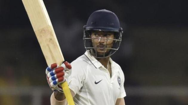 India A batsman Mayank Agarwal sent the South Africa A bowlers on a leather hunt with an unbeaten 220 off 250 balls.(HT PHOTO)