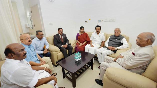 President Ram Nath Kovind meets DMK leaders MK Stalin and Kanimozhi at Kauvery hospital, where their father and party chief M Karunanidhi is being treated, in Chennai, on Sunday, August 05, 2018. (PTI) President Ram Nath Kovind meets DMK leaders MK Stalin and Kanimozhi at Kauvery hospital, where their father and party chief M Karunanidhi is being treated, in Chennai, on Sunday, August 05, 2018. (PTI)