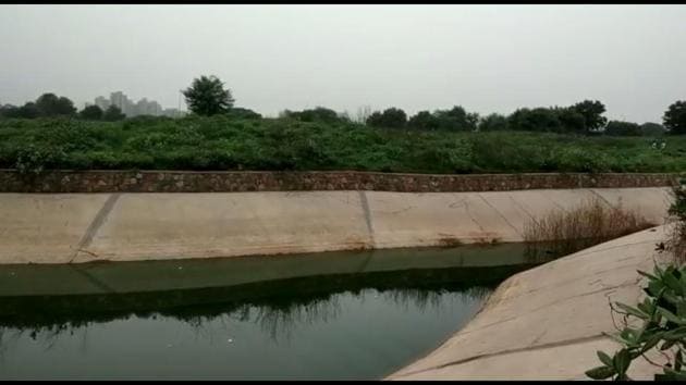 The abandoned pool where bodies of two minors were found near a village in Dadri, Uttar Pradesh.(HT Photo)