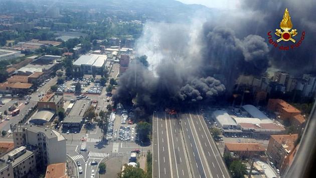 A general view of the motorway after an accident caused a large explosion and fire at Borgo Panigale, on the outskirts of Bologna, Italy. (REUTERS) A general view of the motorway after an accident caused a large explosion and fire at Borgo Panigale, on the outskirts of Bologna, Italy. (REUTERS)