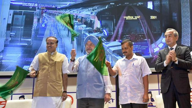 Minister of state for housing & urban affairs Hardeep Singh Puri (2L), Union parliamentary affairs minister Ananth Kumar (L) and Delhi chief minister Arvind Kejriwal (2R) flag off a section of Pink Line metro between Durgabai Deshmukh South Campus and Lajpat Nagar Metro, at Metro Bhawan in New Delhi. Japanese Ambassador to India Kenji Hiramatsu (R) is also seen. (Sushil Kumar / HT Photo) Minister of state for housing & urban affairs Hardeep Singh Puri (2L), Union parliamentary affairs minister Ananth Kumar (L) and Delhi chief minister Arvind Kejriwal (2R) flag off a section of Pink Line metro between Durgabai Deshmukh South Campus and Lajpat Nagar Metro, at Metro Bhawan in New Delhi. Japanese Ambassador to India Kenji Hiramatsu (R) is also seen. (Sushil Kumar / HT Photo)