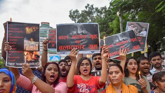 Members of different organisation stage a protest march against the recent incident of Muzaffarpur shelter home rape case in Patna on Sunday.(PTI Photo)