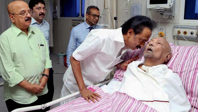 Ailing DMK president M Karunanidhi at the Kauvery Hospital in Chennai on July 31, 2018.(PTI File Photo)