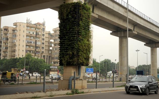 Vertical gardens will finally become a reality in Gurugram and will see the use of hydroponic plants, which do not need soil for growth. They will have an automated dripping system, with water being equally distributed among all plants, said officials.(Parveen Kumar/HT Photo)