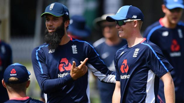 England's Moeen Ali (L) embraces Ollie Pope (R) during a training session. (AFP) England's Moeen Ali (L) embraces Ollie Pope (R) during a training session. (AFP)