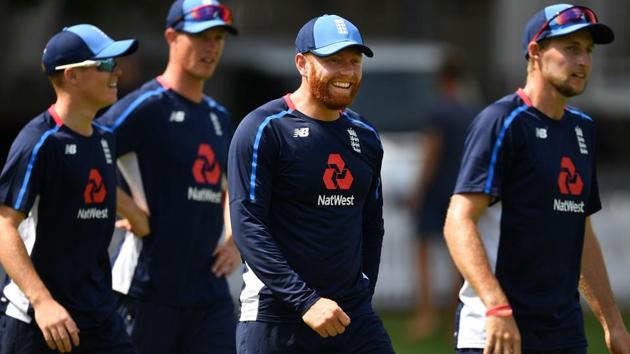 England's Ollie Pope (L), England's wicket keeper Jonny Bairstow (2R) and England's captain Joe Root (R) attends training session. (AFP) England's Ollie Pope (L), England's wicket keeper Jonny Bairstow (2R) and England's captain Joe Root (R) attends training session. (AFP)