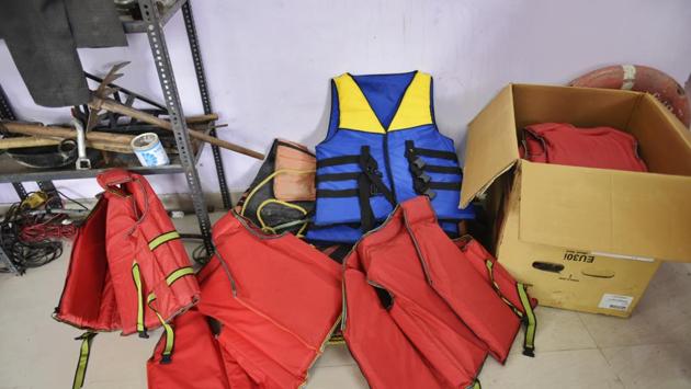 For most, Boat Club is a recreational venue at India Gate, Kumar says. This separate entity is located in Civil Lines. A year-wise chart of the drowned and rescued people; a model boat and pictures of the team during rescue operations fill Kumar’s office. Its high-ceiling rooms are filled with boat engines, plastic ropes, life jackets, lifebuoys and dragon lights, among other equipment. (Raj K Raj / HT Photo) 