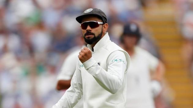 India's Virat Kohli Sharma celebrates after England's Jonny Bairstow (not pictured) loses his wicket in the first Test.(Reuters)