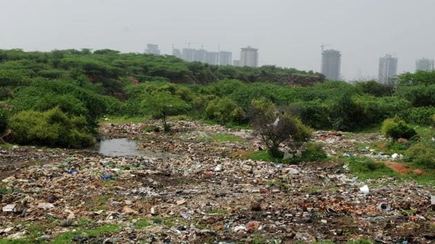 The garbage dump, which has grown to occupy at least an acre of land, lies adjacent to a water body in the Aravalli which is frequented by local wildlife. (Parveen Kumar / HT File Photo) The garbage dump, which has grown to occupy at least an acre of land, lies adjacent to a water body in the Aravalli which is frequented by local wildlife. (Parveen Kumar / HT File Photo)