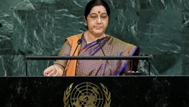 File photo of external affairs Minister Sushma Swaraj addressing the 72nd United Nations General Assembly at UN headquarters in New York last year. (REUTERS) File photo of external affairs Minister Sushma Swaraj addressing the 72nd United Nations General Assembly at UN headquarters in New York last year. (REUTERS)