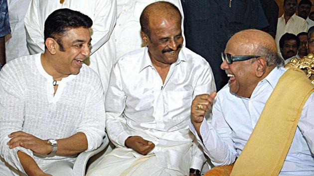 In this file picture DMK chief M Karunanidhi is seen with film stars Kamal Haasan and Rajinikanth.(PTI File Photo)