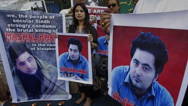 On April 13, 2017, Mashal Khan, a 23-year-old student at the Abdul Wali Khan University, Mardan, was lynched by a mob riled up by allegations of blasphemy. The killing had led to widespread protests in Pakistan (pictured). (AP/File Photo) On April 13, 2017, Mashal Khan, a 23-year-old student at the Abdul Wali Khan University, Mardan, was lynched by a mob riled up by allegations of blasphemy. The killing had led to widespread protests in Pakistan (pictured). (AP/File Photo)