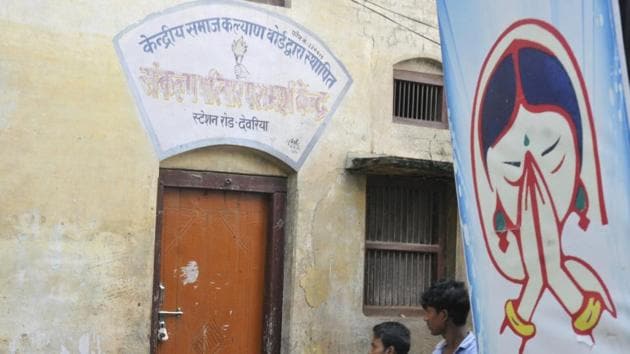 A view of the Maa Vindhyavasini Mahila and Balika Sanrakshan Griha shelter house after it was seized by police Monday night in Deoria.(Deepak Gupta/HT Photo)