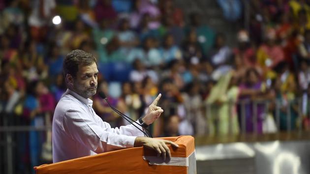 Congress president Rahul Gandhi addresses a meeting of the Congress parliamentary party (CPP), called upon party leaders and workers to tap the “rising tide of anger” against the BJP-led government, and work hard to give the people an alternative to Prime Minister Narendra Modi’s “bogus promise of achche din (good days)”. (Ajay Aggarwal / HT Photo) 