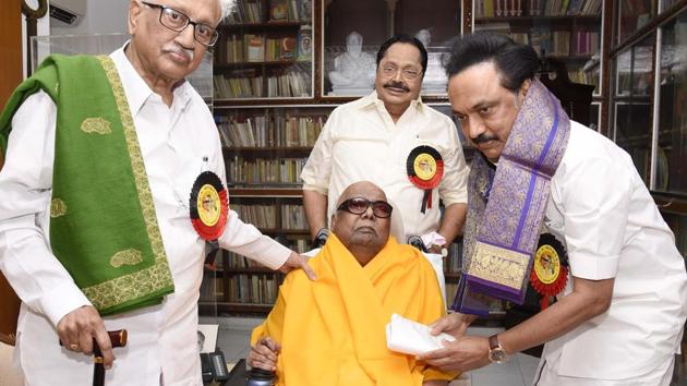 Stalin with Karunanidhi at his residence after he was elected as DMK's working president in the party's general council meeting. It goes without saying that the leader of the Dravida Munnetra Kazhagam (DMK) led an incredibly rich political life. (V. Srinivasulu / HT Archive) Stalin with Karunanidhi at his residence after he was elected as DMK's working president in the party's general council meeting. It goes without saying that the leader of the Dravida Munnetra Kazhagam (DMK) led an incredibly rich political life. (V. Srinivasulu / HT Archive)