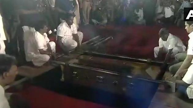 M Karunanidhi being laid to rest at Marina beach, next to Anna memorial in Chennai. (ANI Photo) M Karunanidhi being laid to rest at Marina beach, next to Anna memorial in Chennai. (ANI Photo)