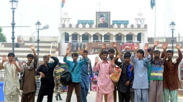 The released Pakistani fishermen at the Attari-Wagah border in Amritsar on Tuesday (HT Photo) The released Pakistani fishermen at the Attari-Wagah border in Amritsar on Tuesday (HT Photo)