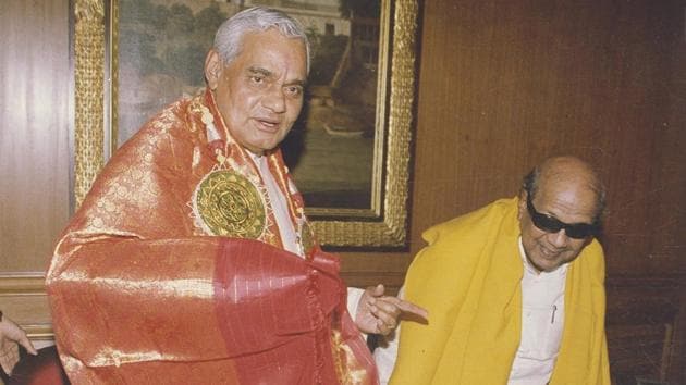 The former Tamil Nadu chief minister greets then Prime Minister Atal Bihari Vajpayee, at his South Block office in New Delhi on April 07, 1998. (Girish Srivastava / HT Archive) The former Tamil Nadu chief minister greets then Prime Minister Atal Bihari Vajpayee, at his South Block office in New Delhi on April 07, 1998. (Girish Srivastava / HT Archive)