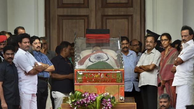 DMK president and former Tamil Nadu chief minister M Karunanidhi passed away at Kauvery Hospital in Chennai on Tuesday evening. High drama followed his death as the AIADMK government in Tamil Nadu refused to allow his cremation at Marina beach in Chennai as demanded by DMK supporters. The Madras high court on Wednesday allowed Karunanidhi to be buried at Chennai’s Marina beach. (R Senthil Kumar / PTI) DMK president and former Tamil Nadu chief minister M Karunanidhi passed away at Kauvery Hospital in Chennai on Tuesday evening. High drama followed his death as the AIADMK government in Tamil Nadu refused to allow his cremation at Marina beach in Chennai as demanded by DMK supporters. The Madras high court on Wednesday allowed Karunanidhi to be buried at Chennai’s Marina beach. (R Senthil Kumar / PTI)