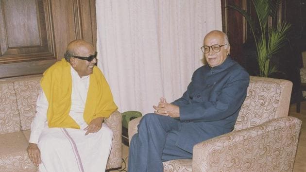 The DMK chief is seen with senior BJP leader and then home minister LK Advani on April 07, 1998. Karunanidhi’s political life may have centred around Tamil Nadu, but that never came in the way of his developing a rapport with national leaders across parties. (HT Archive) The DMK chief is seen with senior BJP leader and then home minister LK Advani on April 07, 1998. Karunanidhi’s political life may have centred around Tamil Nadu, but that never came in the way of his developing a rapport with national leaders across parties. (HT Archive)