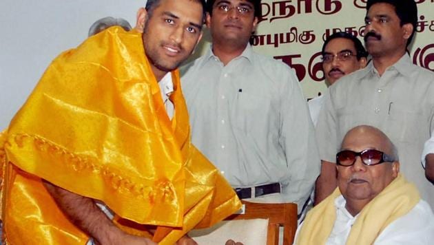 DMK chief M Karunanidhi is seen with cricketer MS Dhoni. Karunanidhi passed away on Tuesday, Aug 7, 2018, after a prolonged illness, at a Chennai hospital where he was admitted for some days. (PTI) DMK chief M Karunanidhi is seen with cricketer MS Dhoni. Karunanidhi passed away on Tuesday, Aug 7, 2018, after a prolonged illness, at a Chennai hospital where he was admitted for some days. (PTI)