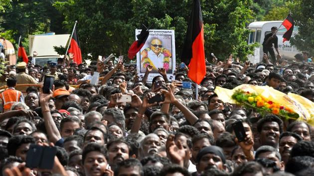 Supporters arrive to pay their last respects to DMK chief M Karunanidhi at Rajaji Hall in Chennai on Wednesday. (PTI Photo) Supporters arrive to pay their last respects to DMK chief M Karunanidhi at Rajaji Hall in Chennai on Wednesday. (PTI Photo)