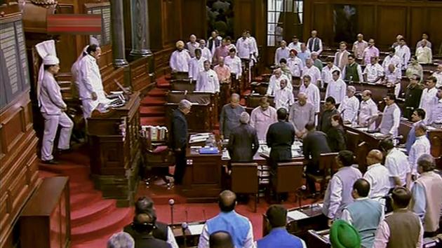 Parliamentarians observe silence during an obituary reference of DMK chief M Karunanidhi, during the Monsoon session of Rajya Sabha, in New Delhi.(PTI Photo) Parliamentarians observe silence during an obituary reference of DMK chief M Karunanidhi, during the Monsoon session of Rajya Sabha, in New Delhi.(PTI Photo)